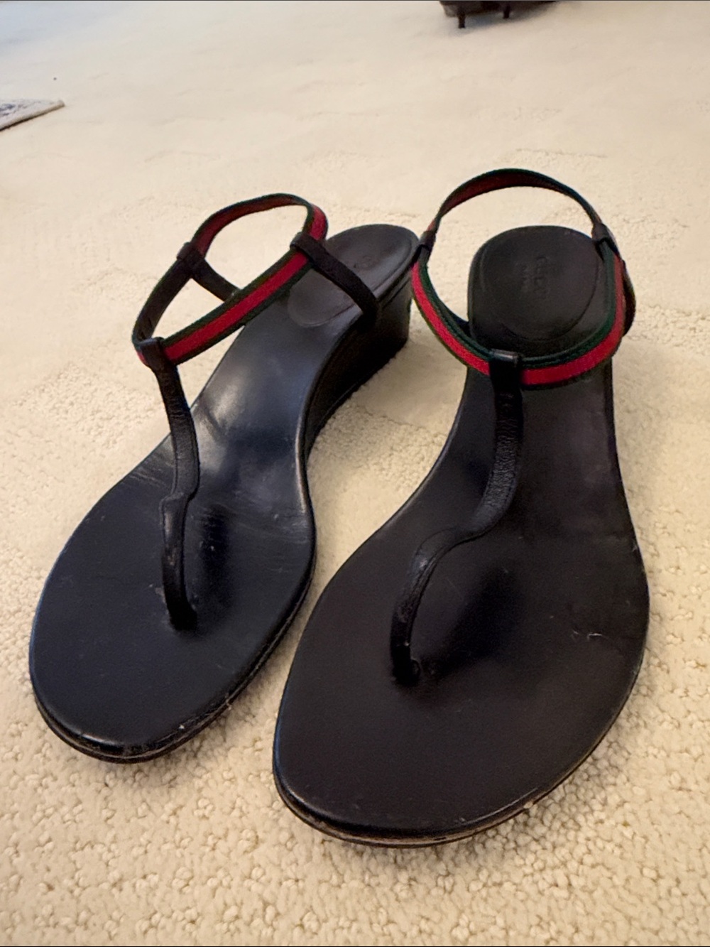 Gucci Black Wedge T-Strap Sandals with Red and Green Webbing